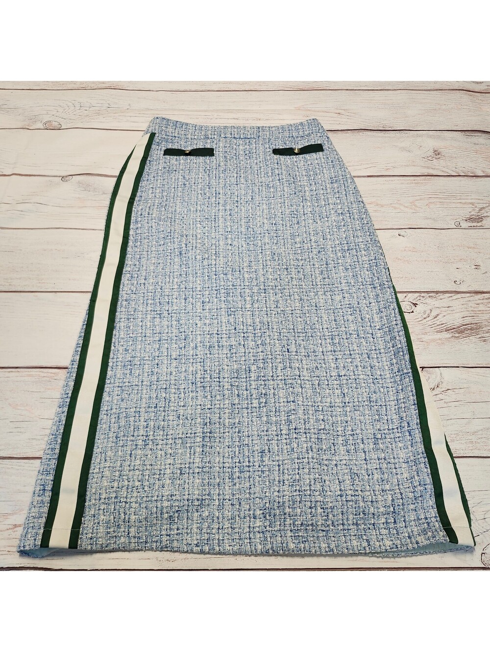 Anthropologie Blue Tweed Midi Skirt with Side Stripes and Button Detail Size 12